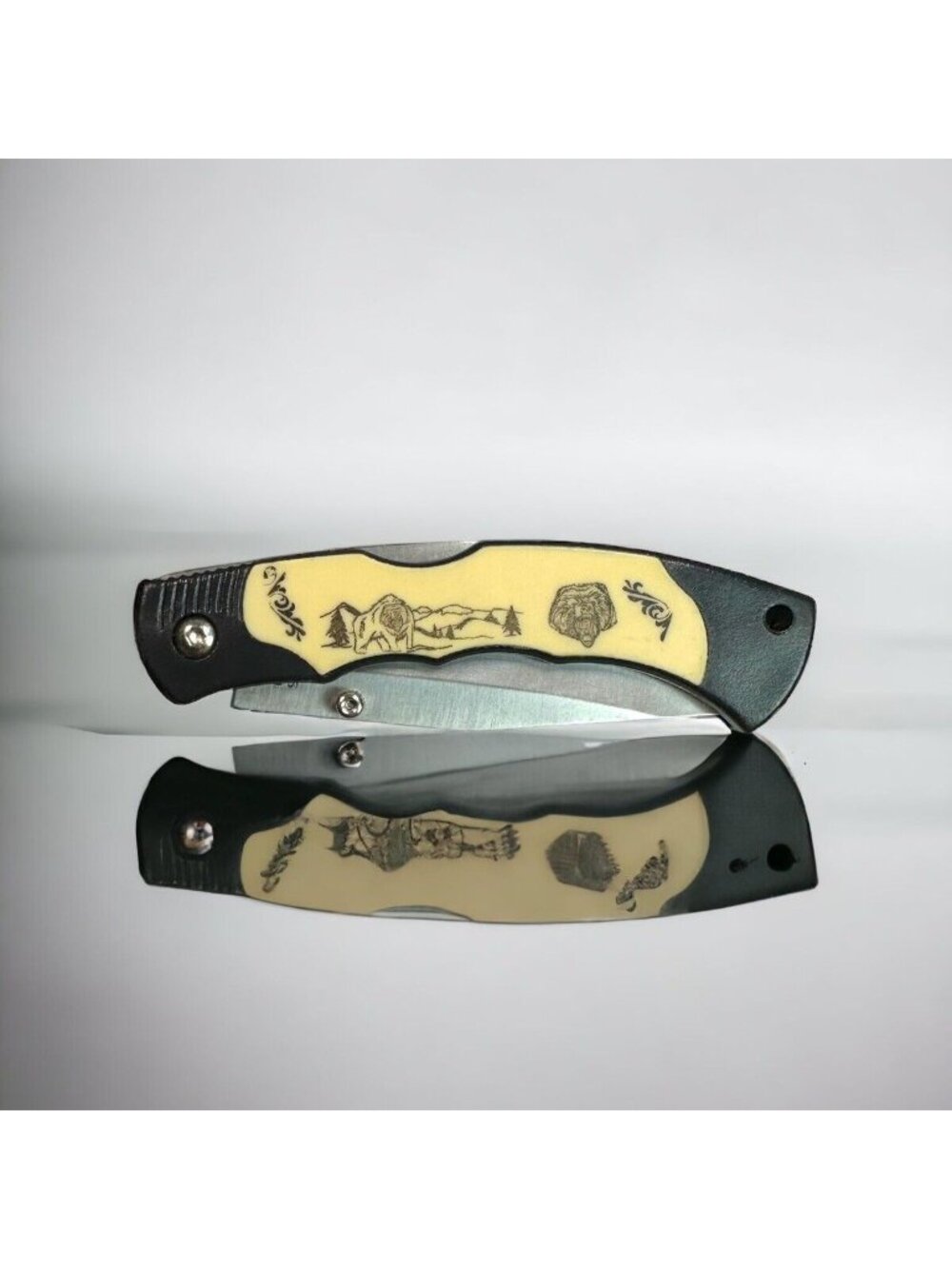 Vintage Folding Pocket Knife With Bear & Mountain Scene Handle Stainless Steel B
